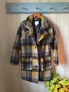 Sabrina Lauren Plaid Teddy Coat Women’s Small Sherpa Jacket Yellow Navy Check